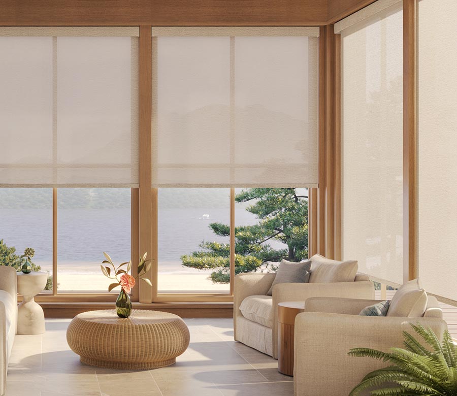 neutral colored window screens in living room window fashions of texas